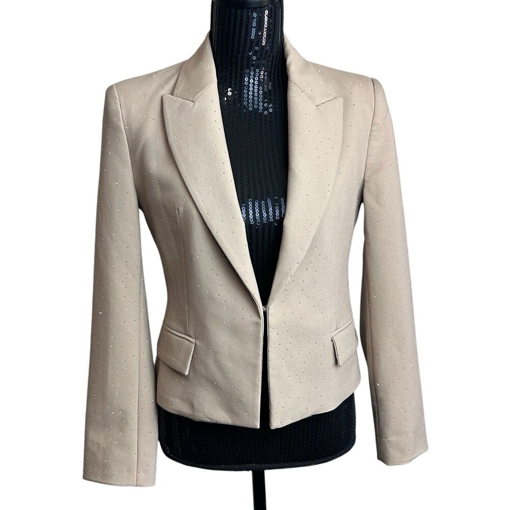 Zara Blazer Womens Small Beige Embellished Rhinestone Jacket Party Cocktail